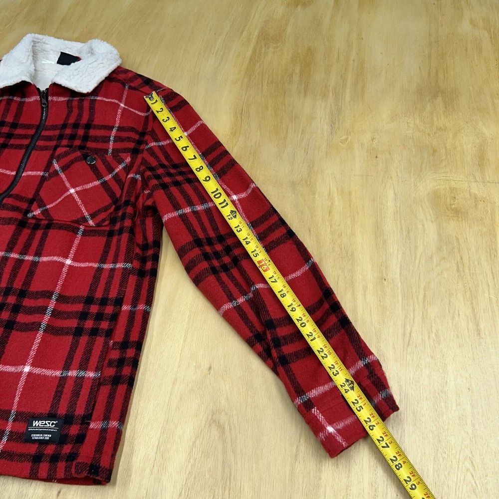 Wesc Liam Jacket Over Shirt Buffalo Plaid Red Flannel Sherpa Full Zip Unlined - Picture 6 of 10